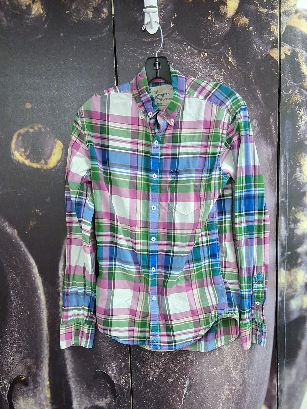 American Eagle Outfitters Mens Plaid Button-Down Shirt — Green, Pink, Blue Sz XS